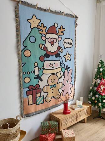 1 pieza Tapiz con personaje de dibujos animados de Feliz Navidad, arte de pared tejido con flecos, decoración bohemia navideña para el hogar, decoración navideña, arte decorativo de pared multiusos para el hogar, sala, manta para sofá, cama, camping, mantel