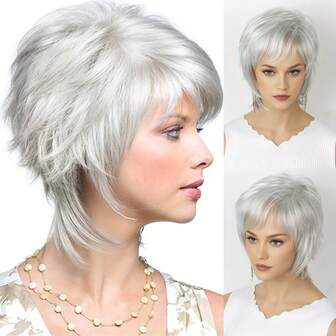 Women's 10-Inch Silver-Gray Wig - Natural Fluffy Short Hair With Side Bangs Suitable For Daily Back To School Halloween Cosplay Party - Easy To Care For Breathable Rose Mesh Cap Suitable For All People Comfortable To Wear &Halloween Costumes