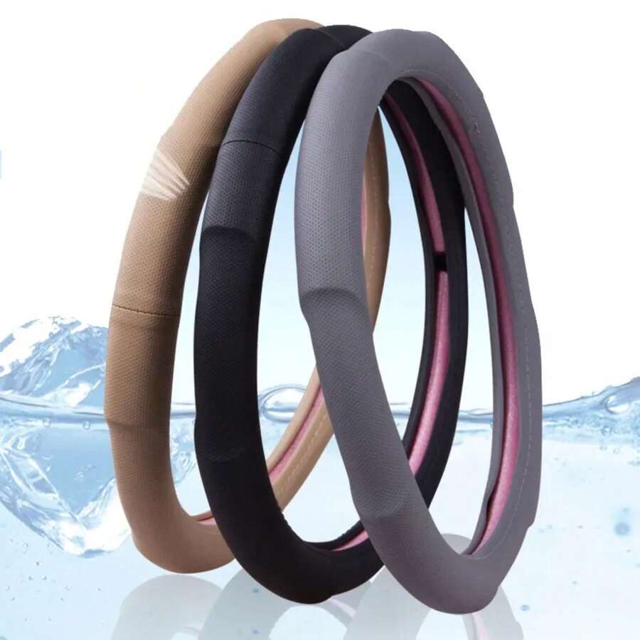 Funda de Volante Deportiva Simple con Masaje, Acolchada, de Cuero Artificial, Diseño de Perforación, Universal para las Cuatro Estaciones - Gris oscuro + 38 cm - Ver 1