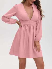 Vestido corto casual de mujer con cuello en V y línea A, manga a la altura de la muñeca, hecho de tela tejida de verano - Rosa - Ver 2