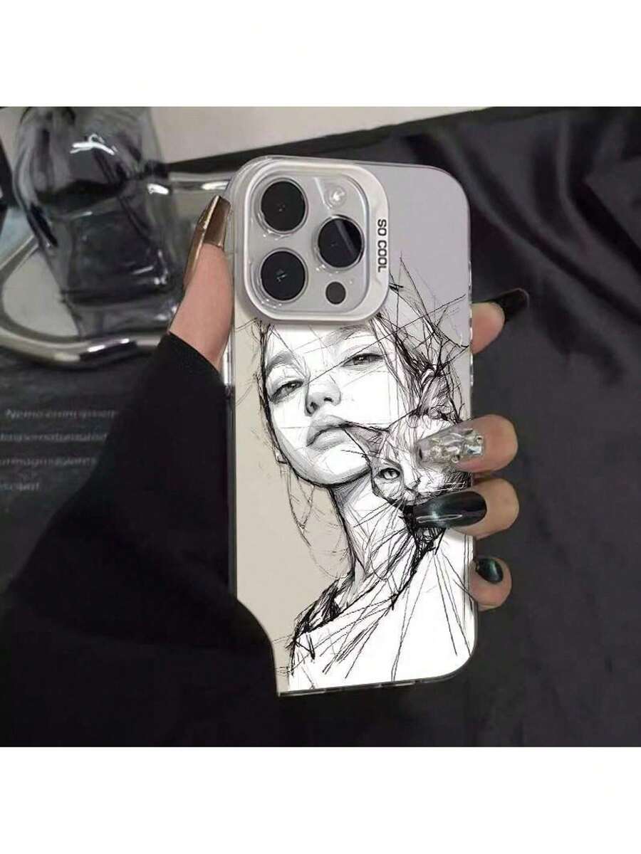 UE (DE et ES) Coque de téléphone 16 Apple 15 Nouvelle 14 Plus Coque rigide 12 Pro Couleur Argent X Convient pour le croquis de chat et de fille - Argent translucide - Voir 1