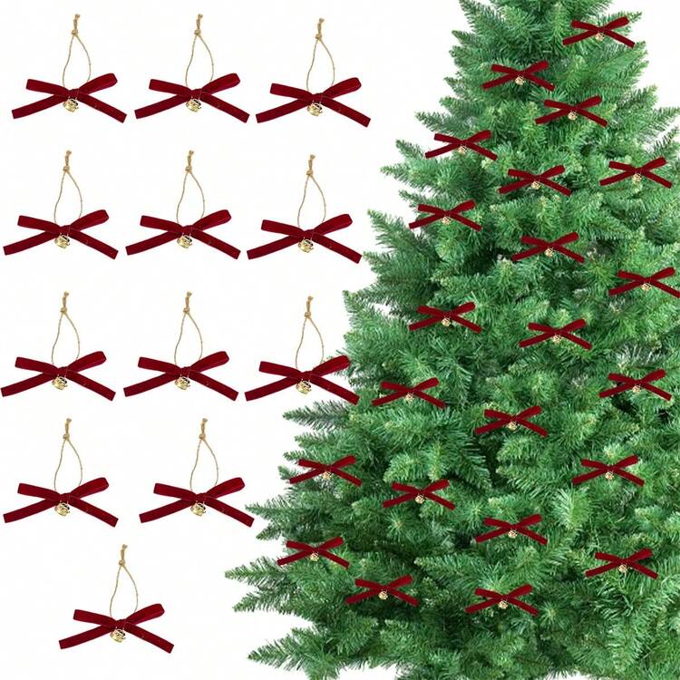 Adornos navideños de terciopelo con forma de lazo, adornos clásicos de campana, elegantes decoraciones colgantes para el hogar - Burdeos - Añade 1