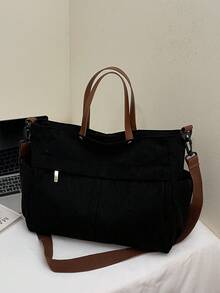 女士多口袋手提包，简约时尚单肩斜挎包，轻便可折叠购物袋，适合购物、旅行、办公 - 黑色 - 查看 6