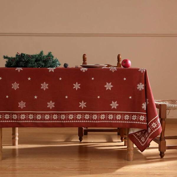 1pc Farmhouse Floral Rectangular Tablecloth, Vintage Linen Christmas Snowflake Pattern Design Tabletop Cover, Suitable For Kitchen, Dining Room Decor, Party, Picnic, Home Decoration