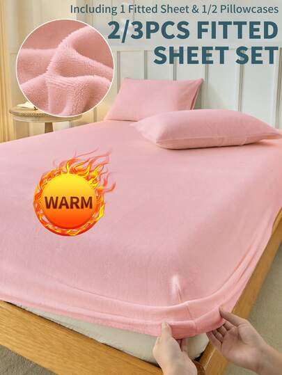 2/3pcs Flannel Fitted Sheet Set, Bedding, Mattress Protector, Bed Cover, Cozy Home Textile, Soft-Comfortable Mattress Cover, Solid Color Sheet, Deep Pocket, Bed Sheet Only, Without Pillowcase, Dustproof, Machine Washable, Bedding Gifts, Fits For Twin Full King Queen Size Beds, Machine Washable, Autumn Decor, Winter Decor