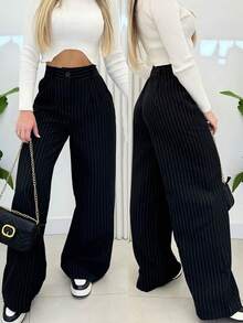 Women's Tailored Wide Leg Trousers With High Waist And Chalk Pockets - màu đen - Xem 2