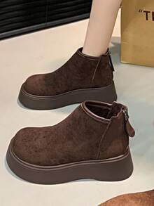 Women's Round Toe Thick Sole Anti-Slip Patent Leather Boots, Minimalist Fashion Gothic Style Front Zipper Ankle Boots, Suitable For Campus, Commute, Work Outfit In Autumn/Winter - Coffee Brown Plus Velvet - View 3
