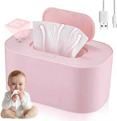 Calentador de toallitas y dispensador para bebé, calentador de toallitas portátil con dispensador universal, toallitas con calefacción a temperatura cómoda, para bebé en casa/viaje, carga USB, decoraciones familiares y regalos para baby shower,Rosa