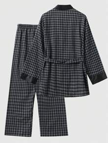 New Men's Fashion Casual Sleepwear Set, Long Sleeve Robe And Pants - Black - View 2