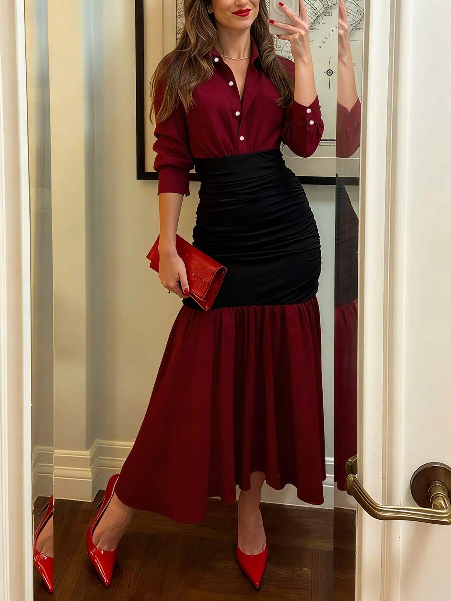 Solid Color Women's Casual Shirt Collar Patchwork Long Dress, Front Button Closure