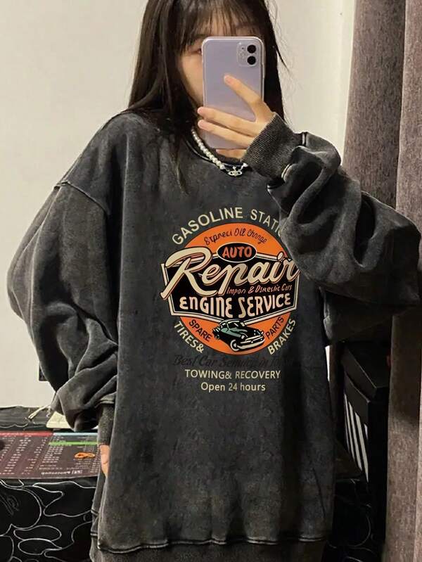 Y2K Vintage Distressed Wash American Style Round Neck Cotton Sweatshirt For Women, Suitable For Spring & Autumn Back To School