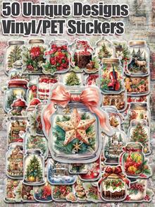 50 Stück Weihnachts-Flaschen-Themen PET 2D Flach-Aufkleber Pack, nicht wiederholend, delikate Dekoration, abnehmbar, hinterlässt keine Rückstände, perfekt für Klassenprämien, Weihnachtsgeschenke, Feiertagsgeschenke, Partys und Heimdekoration, Geburtstagsgeschenke, Laptop, Auto, Gepäck, Roller, Handbücher, Tassen, Tablets, Notizbücher, Wasserflaschen, Handyhüllen, hochauflösender Muster, leuchtende Farben, tolle Geschenke für Studenten, Jugendliche, Büromitarbeiter - Verschiedenfarbig - Übersicht 1