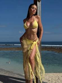 Bộ đồ bơi 3 món dành cho nữ, bikini gợi cảm kèm áo khoác ren, màu trơn, kiểu dáng thanh lịch, hở lưng, buộc dây, phong cách bohemian, thích hợp cho tiệc tùng, kỳ nghỉ, đi biển. - Màu vàng - Xem 3