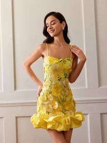 Women's Elegant 3D Applique Embroidery Slip Dress, Fabric Splicing, Floral, Backless Design, Suitable For Valentine's Day, Spring And Summer