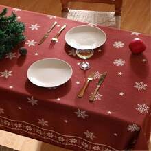 1pc Farmhouse Floral Rectangular Tablecloth, Vintage Linen Christmas Snowflake Pattern Design Tabletop Cover, Suitable For Kitchen, Dining Room Decor, Party, Picnic, Home Decoration