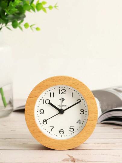 POLARIS นาฬิกาปลุกไม้แบบอนาล็อก ทรงกลม ใช้แบตเตอรี่ ไม่เดินเข็มนาฬิกา สีน้ำตาลอ่อน ไม่รวมแบตเตอรี่