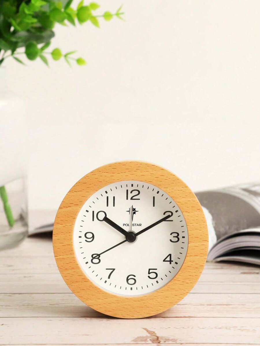 POLARIS Wooden Analog Alarm Clock, Round Battery Operated Non Ticking Clock, Light Brown, Battery Not Included - Wood Color - View 1