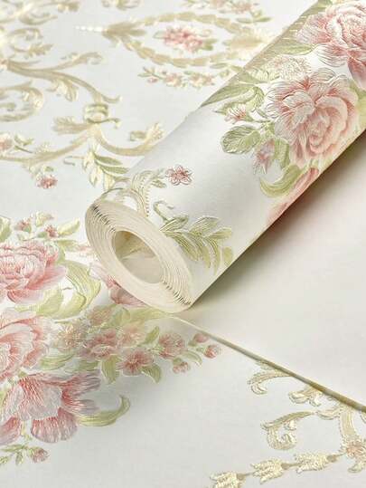 1 rollo de papel tapiz no tejido de gran tamaño con flores 3D estilo europeo, con adhesivo autoadhesivo, para sala de estar, dormitorio, fondo de pared