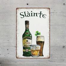 Vintage Irish Shamrock Whiskey Metal Wall Sign - Rustic "Sláinte" Bar Decor For Man Cave, Bedroom & Home - 2D Iron Art With Green Bottle & Glasses Design, Bedroom Decoration, Vintage Home Decor - 彩色 - 查看 1