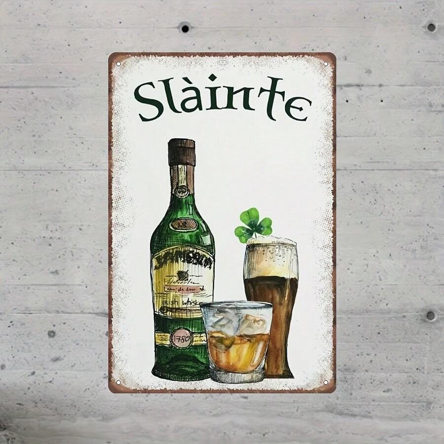 Vintage Irish Shamrock Whiskey Metal Wall Sign - Rustic "Sláinte" Bar Decor For Man Cave, Bedroom & Home - 2D Iron Art With Green Bottle & Glasses Design, Bedroom Decoration, Vintage Home Decor - 彩色 - 查看 1