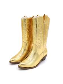 Lurnyet Cowboy Boots For Women Cowgirl Western Boots Fashion Embroidery Stitched Chunky Heel Mid Calf Boots WACOW-2 - 金色 - 查看 10