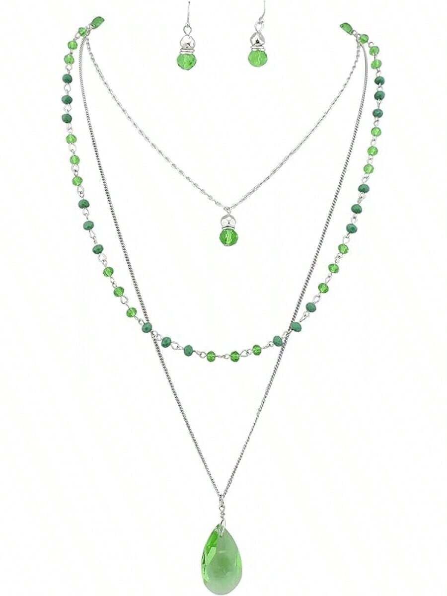 Bocar 3 Layer Jewelry Set Long Chain Pendant Bead Necklace Earring Women - Lucite Green - View 1