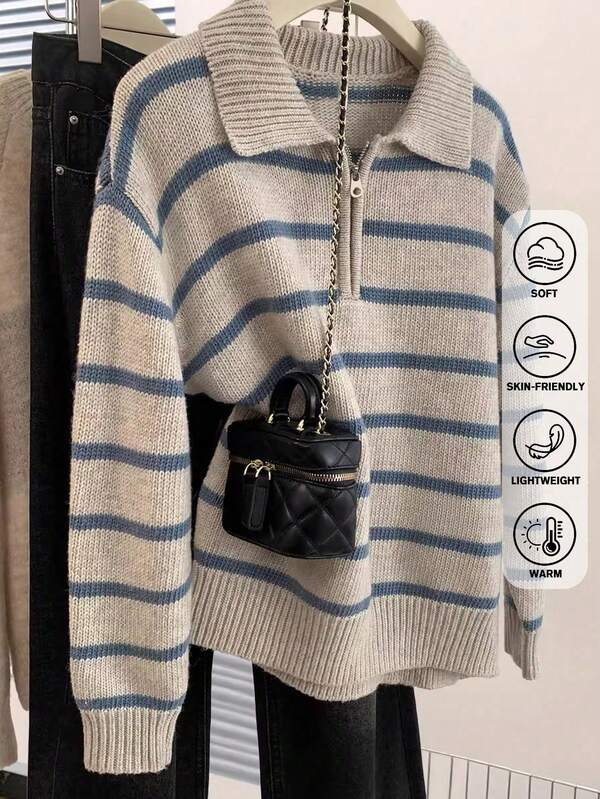 JIANHU Light Gray & Blue Striped Polo Knit Sweater - Fall/Winter Half-Zip Sweater With Ribbed Collar & Contrast Stitching, Christmas Market & Smart Casual