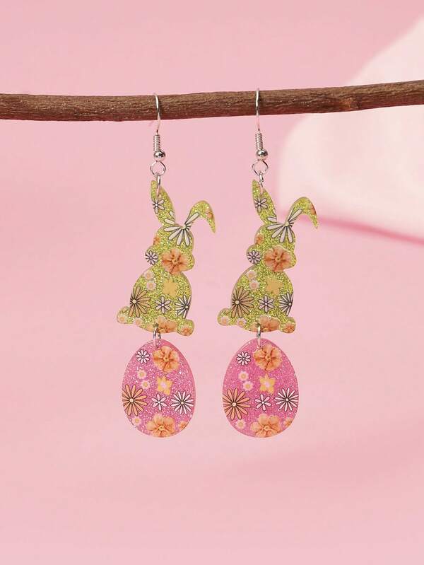 1 Pair Cute Flower Printed Acrylic Celebration Easter Egg Rabbit Hare Drop Earrings For Women Girl For Easter Day Festival Gift Smooth Surface Accessories Jewelry