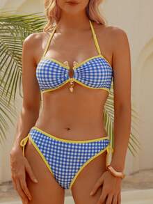 wohenmeili Plaid Print Contrast Trim Halter Neck Bikini Set Vacation - Light Blue Checkered White With Yellow Trim - View 3