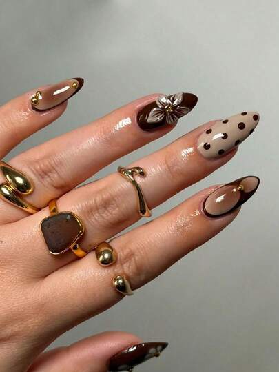 24pcs/Set French Almond-Shaped Tie Dye Brown Color Unique 3D Floral Polka Dot & Golden Pearl Decor Full Cover Press-On Fake Nails, Ideal For Ladies & Girls Party, Date, Vacation, Autumn/Winter Nail Supplies