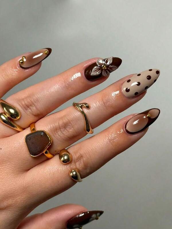 24pcs/Set French Almond-Shaped Tie Dye Brown Color Unique 3D Floral Polka Dot & Golden Pearl Decor Full Cover Press-On Fake Nails, Ideal For Ladies & Girls Party, Date, Vacation, Autumn/Winter