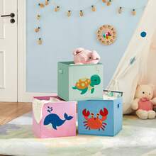 Caja organizadora Tela, Caja almacenaje Infantil, Juego de 3, Organizadora Juguete, Plegables con Asas, para habitación de niños, 30 x 30 x 30 cm, Tema del mar, Azul, Verde y Rosa - Multicolor - Ver 1