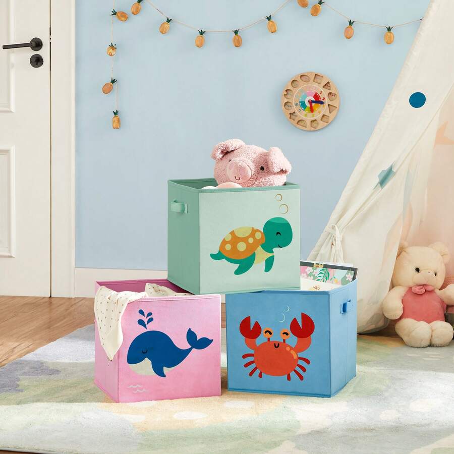 Caja organizadora Tela, Caja almacenaje Infantil, Juego de 3, Organizadora Juguete, Plegables con Asas, para habitación de niños, 30 x 30 x 30 cm, Tema del mar, Azul, Verde y Rosa - Multicolor - Ver 1