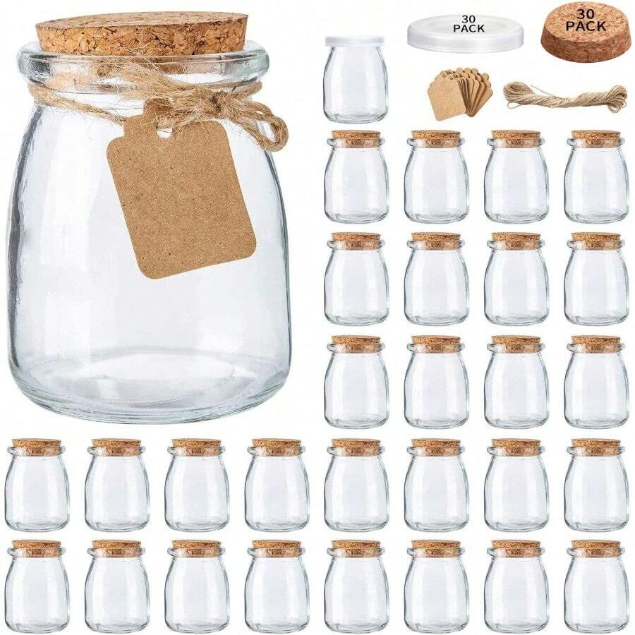 Brajttt Mini Yogurt Jars 30 Pack 7 Oz Glass Favor Jars With Cork Lids Pudding Containers With Lids Mason Jar Wedding Favors Honey Pot With Label Tags And String - 30pack - View 1