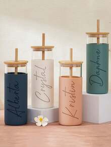 1pc Customized Glass Straw Cup, Personalized Bridesmaid Water Bottle, Customized Glass & Silicone Cup, Bachelorette Party Gift, Bridesmaid Invitation - Multicolor - View 4