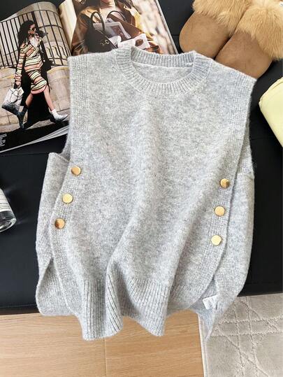 1pc Women's Solid Color Round Neck Casual Side Metal Button Accessory Design Split Vest, Sleeveless Knit Sweater Vest