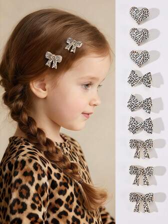 Set de 5 piezas/15 piezas de pinzas para el cabello de niñas con estampado de leopardo, corazón y lazo, adecuado para decoración diaria
