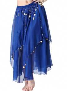 Saia de Dança do Ventre Feminina com Moedas, Saia Longa com Camadas para Apresentação, Prática, Festa, Fantasia de Festival