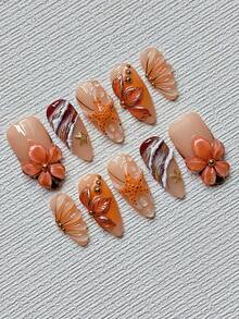 Halloween Beach Press On Nails Almond Medium Long 10Pcs - Orange Brown French Floral With 3D Ocean Wave & Pearl Starfish Charms - Gothic Mermaid Nail Art Kit Reusable With Nail Glue & File - Vampire Nail Supplies - trái cam - Xem 2