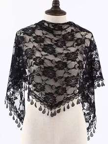 圣诞三角围巾黑白蕾丝面纱流苏饰边头巾披肩新娘面纱情人节配饰，婚礼发饰 - 彩色 - 查看 6