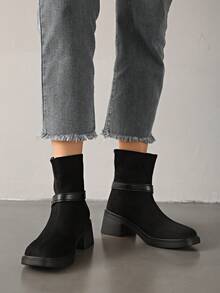 Fall/Winter Suede Mid-Heel Square Toe Solid Color Commuting Slimming Chunky Heel Back Zipper Fashion Ankle Boots - Black - View 6