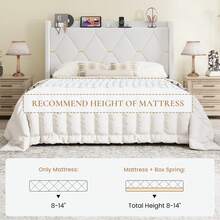 SHA CERLIN Full/Queen/King Velvet Upholstered Bed Frame With Charging Station, Modern Wingback Storage Headboard, Diamond Stitched & Gold Trim, No Box Spring Needed, Easy Assembly, White - Xem 8