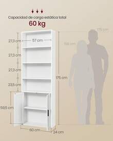 Librería, Estantería Vertical de 6 Niveles, con Puertas, Mueble Estanterias Almacenaje, 24 x 60 x 175 cm, para Salón, Estudio, Oficina, Comedor,Blanco Nube - Weiss - Übersicht 4