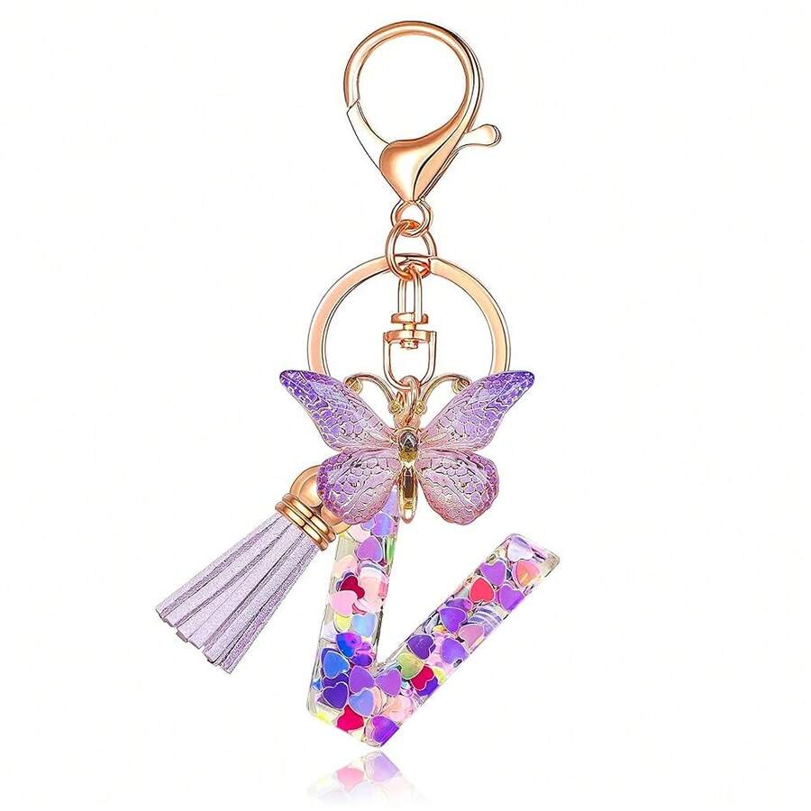 JINGUAZI Initial Letter Keychains For Women Tassel Butterfly Pink Purple Cute Car Keychain For Wallet Backpack Bag Charm{Inchcolor_nameinch:InchV-Purpleinch} - V-紫色 - 查看 1