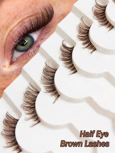 Asiteo 7对自然棕色透明带半眼假睫毛，狐狸眼/猫眼/外眼角加长款式，柔软轻盈，适合新手，易于佩戴，适合日常约会