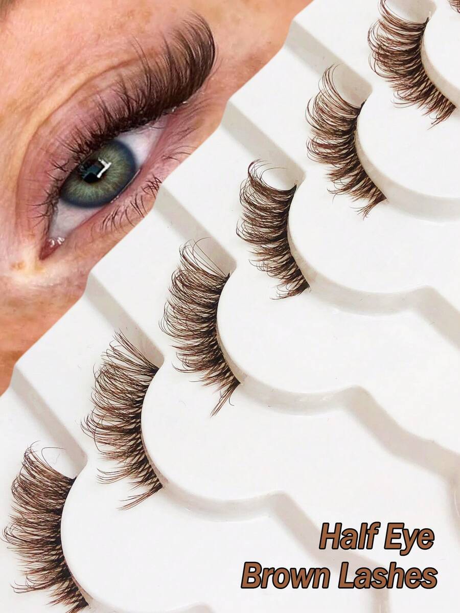 Asiteo 7 Pairs Natural Brown Transparent Band Half-Eye False Eyelashes, Fox Eye/Cat Eye/Extended Outer Corner Styles, Soft & Lightweight, Suitable For Beginners, Easy To Wear, Fit For Daily Dates - 棕色 - 查看 1