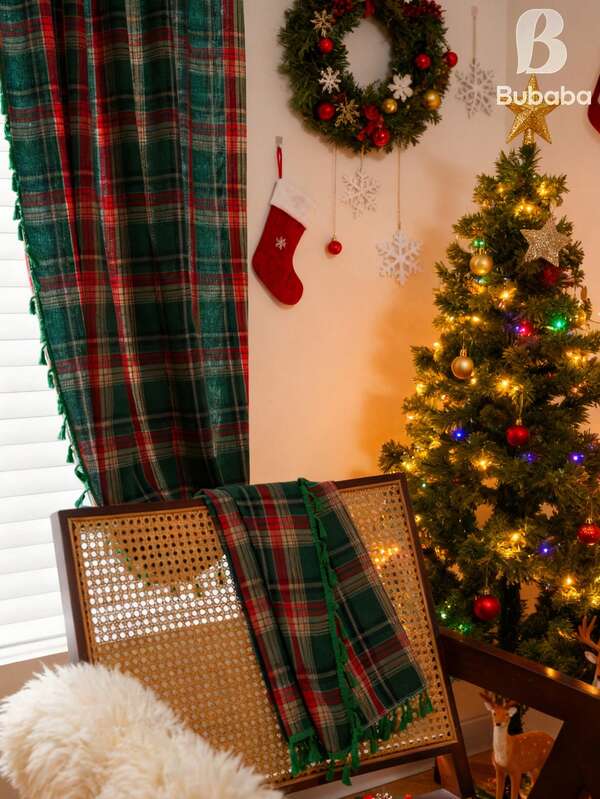 1pc Christmas Window Curtain, Classic Plaid Green Tartan Plaid Farmhouse Curtain For Bedroom, Kitchen, Living Room, Dining Room, Holiday Decor