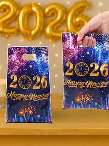 50个新年快乐礼品袋，彩色烟花时钟图案礼品包装袋，新年派对回礼袋，2026新年装饰，新年小礼品袋，新年购物袋，新年厨房包装用品，新年家居收纳袋，新年家居用品袋，新年房间装饰，派对回礼 - 新年煙火時鐘 - 查看 5