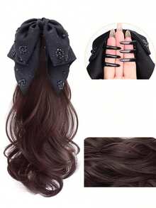 圣诞派对假发马尾，镶钻，波浪卷发马尾发夹，自然优雅发型假发爪（可拆卸蝴蝶结，二合一套装）冬季发饰爪夹 冬季发爪 - 彩色 - 查看 10