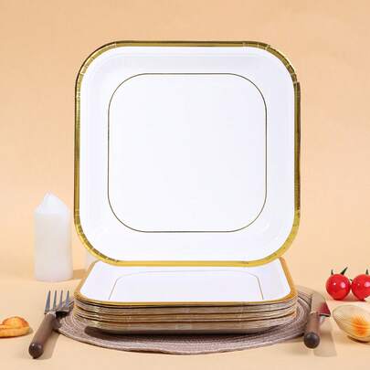 10 piezas/20 piezas/50 piezas, Platos de papel cuadrados blancos y dorados de 24 cm (9.45 pulgadas), platos desechables de postre con bordes dorados para duchas nupciales, duchas de bebé, fiestas de cumpleaños, Navidad y otras ocasiones.